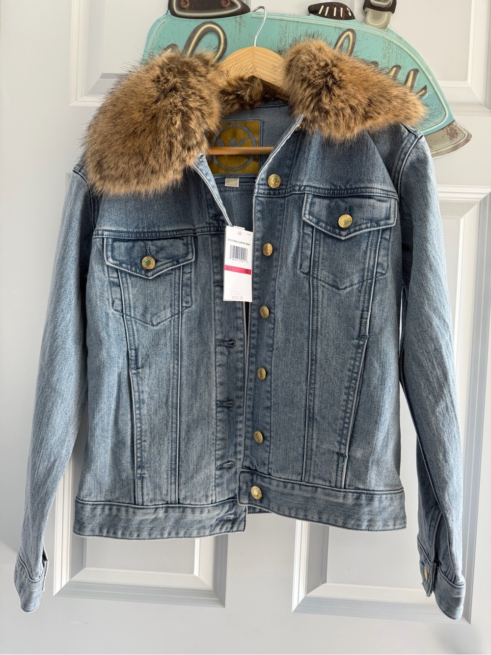Denim Jacket with Faux Fur Collar - Light Blue